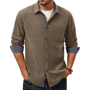 imagePJ PAUL JONES Mens Corduroy Button Down Shirt Long Sleeve Casual Collared Wrinkle Free Shirts with PocketKhaki