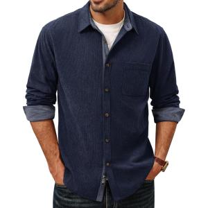 imagePJ PAUL JONES Mens Corduroy Button Down Shirt Long Sleeve Casual Collared Wrinkle Free Shirts with PocketNavy Blue