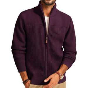 imagePJ PAUL JONES Mens Full Zipper Cardigan Casual Stand Collar Cardigan Sweater Ribbed Knit Long Sleeve SweaterBurgundy