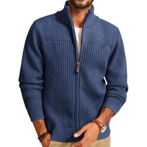 imagePJ PAUL JONES Mens Full Zipper Cardigan Casual Stand Collar Cardigan Sweater Ribbed Knit Long Sleeve SweaterDark Blue