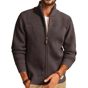 imagePJ PAUL JONES Mens Full Zipper Cardigan Casual Stand Collar Cardigan Sweater Ribbed Knit Long Sleeve SweaterDark Coffee