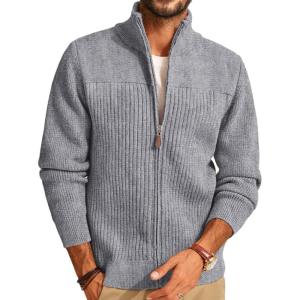 imagePJ PAUL JONES Mens Full Zipper Cardigan Casual Stand Collar Cardigan Sweater Ribbed Knit Long Sleeve SweaterLight Gray