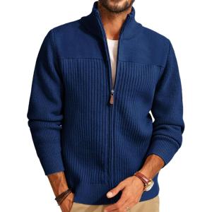 imagePJ PAUL JONES Mens Full Zipper Cardigan Casual Stand Collar Cardigan Sweater Ribbed Knit Long Sleeve SweaterRoyal Blue