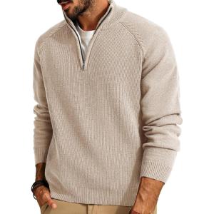 imagePJ PAUL JONES Mens Quarter Zip Pullover Sweater Turtleneck Raglan Long Sleeve SweatersBeige