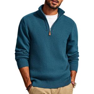 imagePJ PAUL JONES Mens Quarter Zip Pullover Sweaters Casual Slim Fit Knit Texture SweaterLake Blue