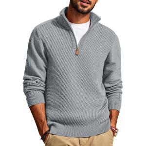 imagePJ PAUL JONES Mens Quarter Zip Pullover Sweaters Casual Slim Fit Knit Texture SweaterLight Gray
