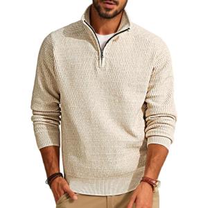 imagePJ PAUL JONES Mens Quarter Zip Sweaters Slim Fit Long Sleeve Casual Pullover Sweater Knit Textured Mock Neck Polo SweatersBeige