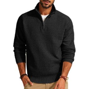 imagePJ PAUL JONES Mens Quarter Zip Sweaters Slim Fit Long Sleeve Casual Pullover Sweater Knit Textured Mock Neck Polo SweatersBlack