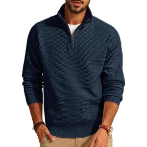imagePJ PAUL JONES Mens Quarter Zip Sweaters Slim Fit Long Sleeve Casual Pullover Sweater Knit Textured Mock Neck Polo SweatersBlue