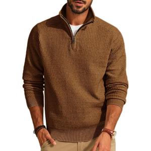 imagePJ PAUL JONES Mens Quarter Zip Sweaters Slim Fit Long Sleeve Casual Pullover Sweater Knit Textured Mock Neck Polo SweatersBrown