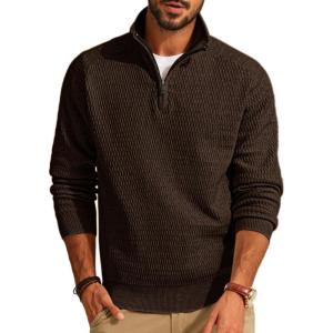 imagePJ PAUL JONES Mens Quarter Zip Sweaters Slim Fit Long Sleeve Casual Pullover Sweater Knit Textured Mock Neck Polo SweatersCoffee