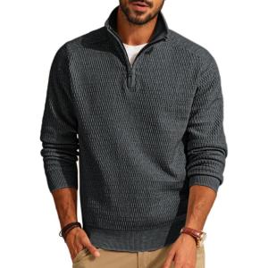 imagePJ PAUL JONES Mens Quarter Zip Sweaters Slim Fit Long Sleeve Casual Pullover Sweater Knit Textured Mock Neck Polo SweatersDark Grey