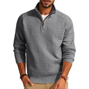 imagePJ PAUL JONES Mens Quarter Zip Sweaters Slim Fit Long Sleeve Casual Pullover Sweater Knit Textured Mock Neck Polo SweatersGrey