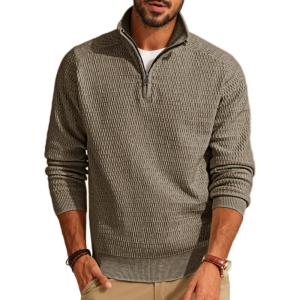 imagePJ PAUL JONES Mens Quarter Zip Sweaters Slim Fit Long Sleeve Casual Pullover Sweater Knit Textured Mock Neck Polo SweatersKhaki
