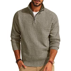 imagePJ PAUL JONES Mens Quarter Zip Sweaters Slim Fit Long Sleeve Casual Pullover Sweater Knit Textured Mock Neck Polo SweatersKhaki Green