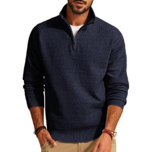 imagePJ PAUL JONES Mens Quarter Zip Sweaters Slim Fit Long Sleeve Casual Pullover Sweater Knit Textured Mock Neck Polo SweatersNavy Blue