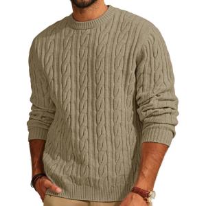 imagePJ PAUL JONES Mens Sweater Crewneck Cable Knit Pullover Sweater Casual Twist Textured SweatersKhaki