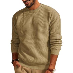 imagePJ PAUL JONES Mens Sweater Crewneck Knit Sweaters Casual Waffle Pullover Sweater for MenKhaki