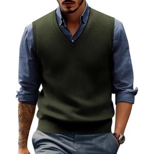 imagePJ PAUL JONES Mens Sweater Vest Wool Blended Knitted Vest Sweaters VNeck Sleeveless Pullover VestsArmy Green