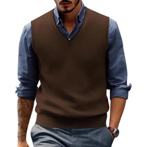imagePJ PAUL JONES Mens Sweater Vest Wool Blended Knitted Vest Sweaters VNeck Sleeveless Pullover VestsCoffee