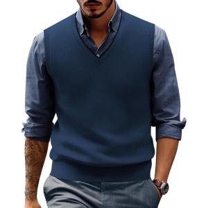 imagePJ PAUL JONES Mens Sweater Vest Wool Blended Knitted Vest Sweaters VNeck Sleeveless Pullover VestsDenim Blue