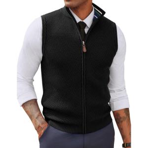 imagePJ PAUL JONES Mens Sweater Vests Slim Fit Twill Textured Full Zip Sleeveless Vests Casual OutwearBlack