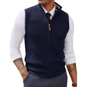 imagePJ PAUL JONES Mens Sweater Vests Slim Fit Twill Textured Full Zip Sleeveless Vests Casual OutwearNavy Blue