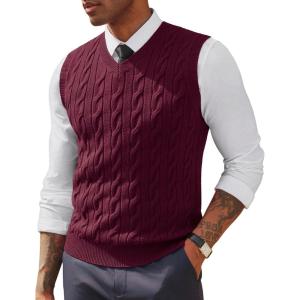 imagePJ PAUL JONES Mens Sweater Vests V Neck Cable Twist Knit Sleeveless Vests Casual Pullover SweaterWine Red