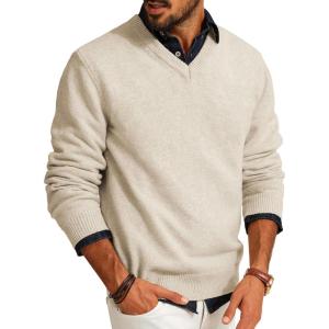 imagePJ PAUL JONES Mens V Neck Pullover Lightweight Wool Blend Long Sleeve Knit SweaterApricot