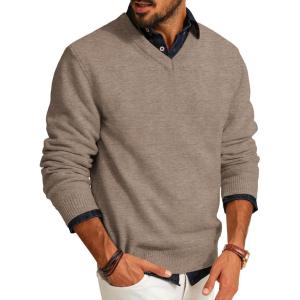 imagePJ PAUL JONES Mens V Neck Pullover Lightweight Wool Blend Long Sleeve Knit SweaterCamel