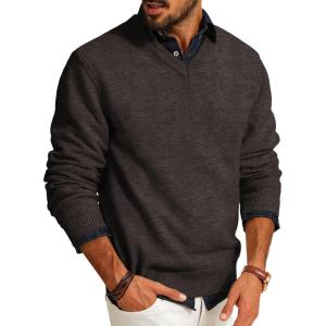 imagePJ PAUL JONES Mens V Neck Pullover Lightweight Wool Blend Long Sleeve Knit SweaterDark Khaki
