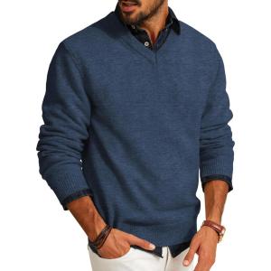 imagePJ PAUL JONES Mens V Neck Pullover Lightweight Wool Blend Long Sleeve Knit SweaterDenim Blue