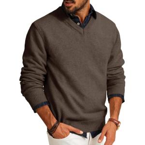 imagePJ PAUL JONES Mens V Neck Pullover Lightweight Wool Blend Long Sleeve Knit SweaterKhaki