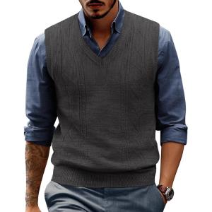 imagePJ PAUL JONES Mens V Neck Sweater Vest Cable Knitted Pullover Sweaters VestBlack Grey