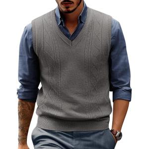 imagePJ PAUL JONES Mens V Neck Sweater Vest Cable Knitted Pullover Sweaters VestDark Grey