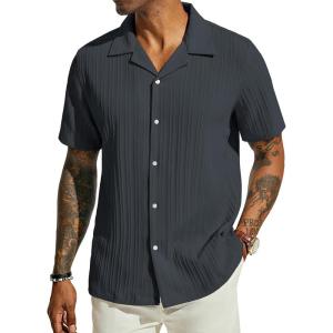 imagePJ PAUL JONES Mens Casual Button Down Shirts  Short Sleeve Summer Textured Beach WrinkleFree ShirtsDark Grey