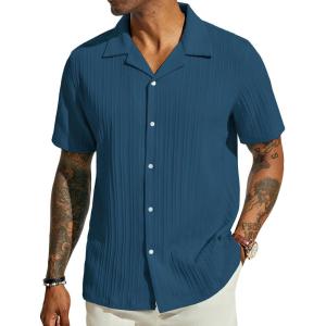 imagePJ PAUL JONES Mens Casual Button Down Shirts  Short Sleeve Summer Textured Beach WrinkleFree ShirtsDenim Blue