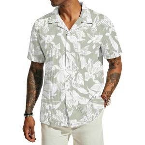 imagePJ PAUL JONES Mens Casual Button Down Shirts  Short Sleeve Summer Textured Beach WrinkleFree ShirtsLight Greenfloral