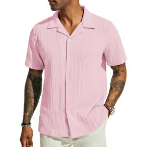 imagePJ PAUL JONES Mens Casual Button Down Shirts  Short Sleeve Summer Textured Beach WrinkleFree ShirtsLight Pink