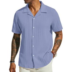 imagePJ PAUL JONES Mens Casual Button Down Shirts  Short Sleeve Summer Textured Beach WrinkleFree ShirtsPurple Blue