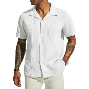imagePJ PAUL JONES Mens Casual Button Down Shirts  Short Sleeve Summer Textured Beach WrinkleFree ShirtsWhite