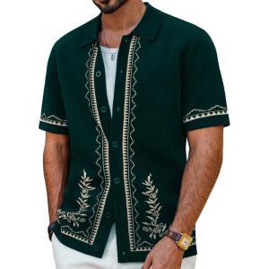 imagePJ PAUL JONES Mens Polo Shirts 70s Vintage Shirts Contrast Knitted Polo ShirtsDark Greenfloral