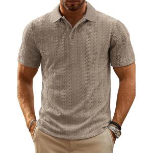 imagePJ PAUL JONES Mens Polo Shirts Short Sleeve Casual Collared Shirts Textured Stretchy Golf ShirtsKhaki