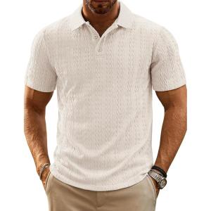 imagePJ PAUL JONES Mens Polo Shirts Short Sleeve Casual Collared Shirts Textured Stretchy Golf ShirtsLight Apricot