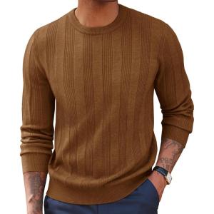 imagePJ PAUL JONES Mens Pullover Sweater Crewneck Textured Long Sleeve Knitted SweatersCoffee