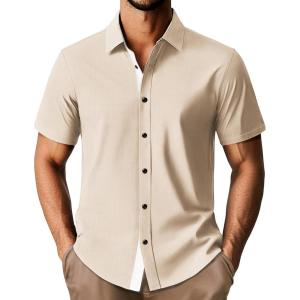 imagePJ PAUL JONES Mens Short Sleeve Button Down Shirts Casual Stylish WrinkleFree Untuckit Dress ShirtBeige