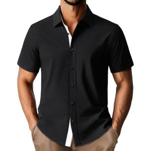 imagePJ PAUL JONES Mens Short Sleeve Button Down Shirts Casual Stylish WrinkleFree Untuckit Dress ShirtBlack