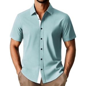 imagePJ PAUL JONES Mens Short Sleeve Button Down Shirts Casual Stylish WrinkleFree Untuckit Dress ShirtBlue