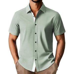 imagePJ PAUL JONES Mens Short Sleeve Button Down Shirts Casual Stylish WrinkleFree Untuckit Dress ShirtGreen