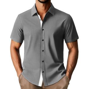 imagePJ PAUL JONES Mens Short Sleeve Button Down Shirts Casual Stylish WrinkleFree Untuckit Dress ShirtGrey